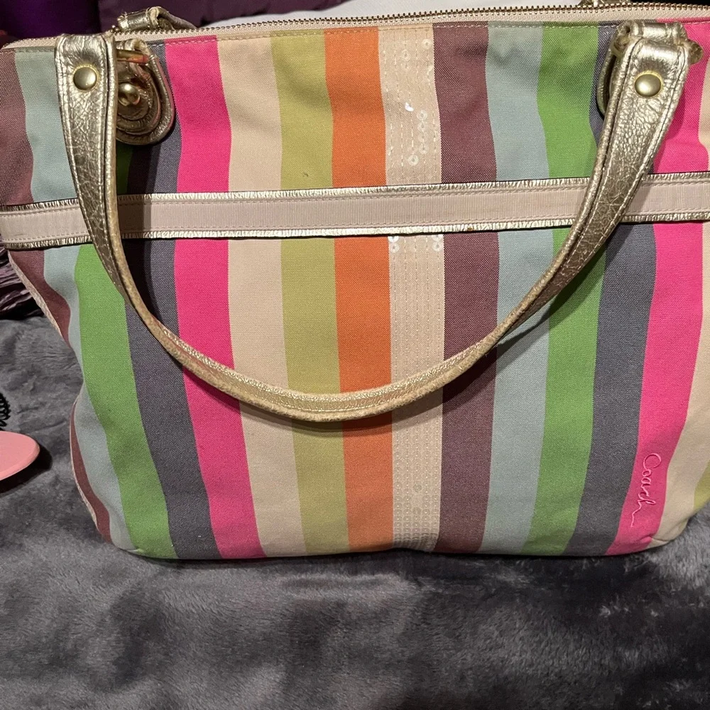 Coach Poppy Legacy Multicolor Striped Glam Bag with Sequins and Gold handles - Picture 3 of 11